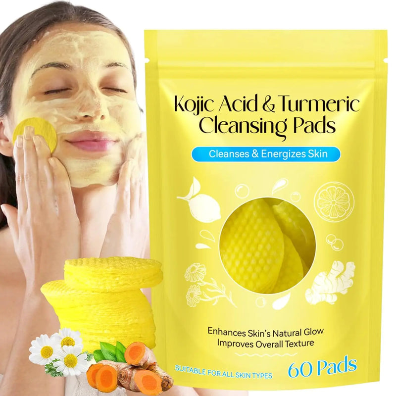 Kojic Acid and Turmeric Cleansing Pads, Turmeric Kojic Acid Lemon Chamomile Pads, Kojic Acid Turmeric Cleansing Pads for Face -60PCS Yellow-60PCS 60 Count (Pack of 1)